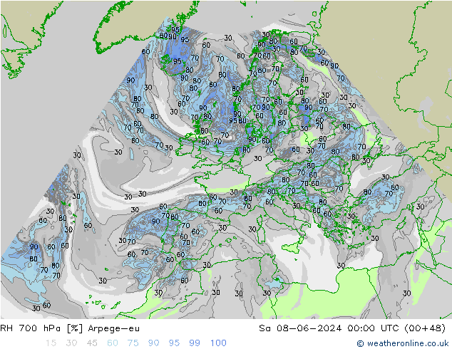 RH 700 hPa Arpege-eu Sa 08.06.2024 00 UTC