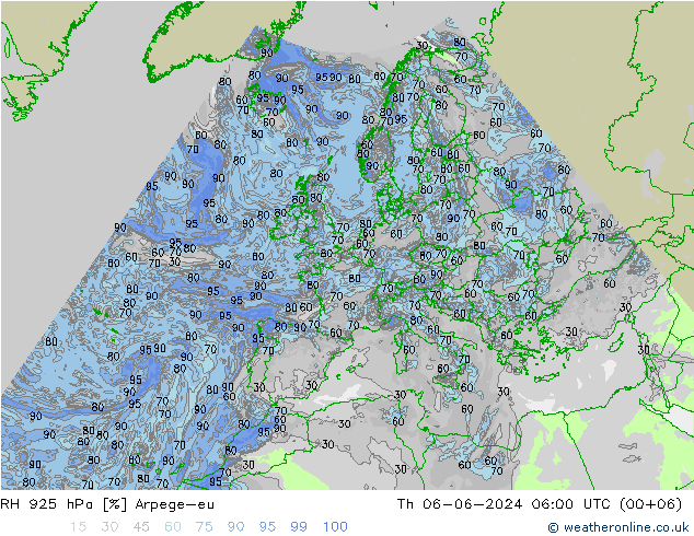 RH 925 hPa Arpege-eu Čt 06.06.2024 06 UTC