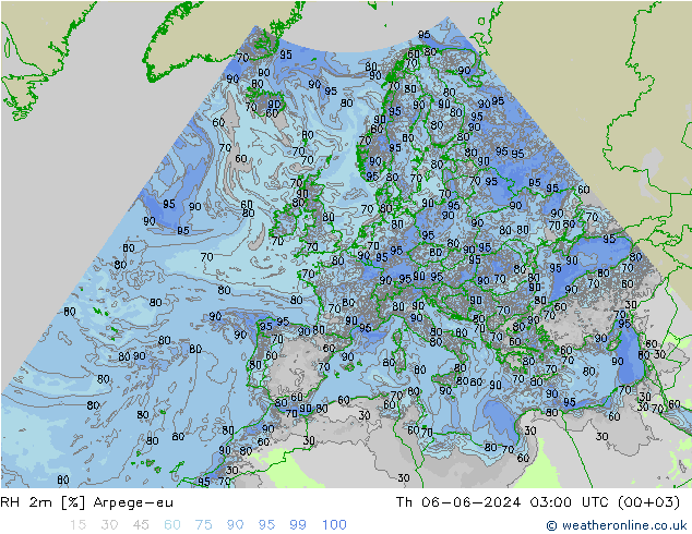 Humedad rel. 2m Arpege-eu jue 06.06.2024 03 UTC