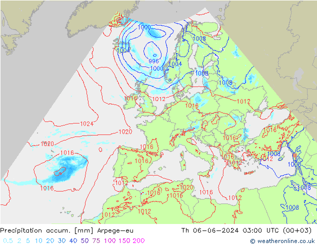 Precipitation accum. Arpege-eu чт 06.06.2024 03 UTC