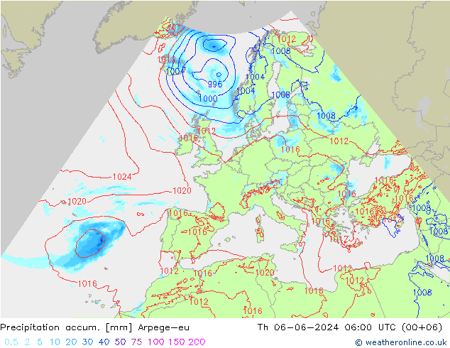 Totale neerslag Arpege-eu do 06.06.2024 06 UTC