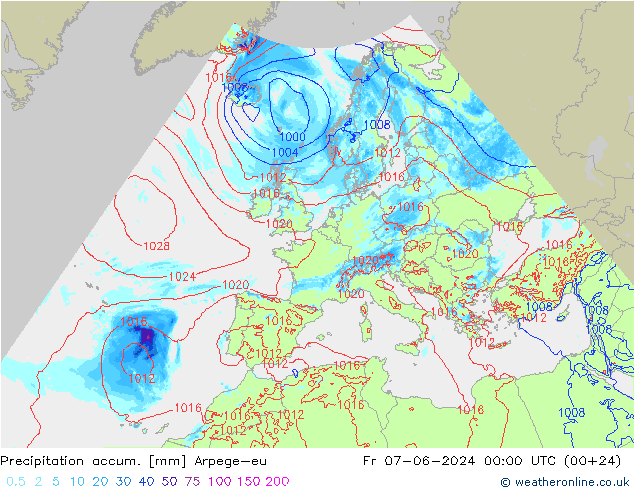 Precipitation accum. Arpege-eu Fr 07.06.2024 00 UTC