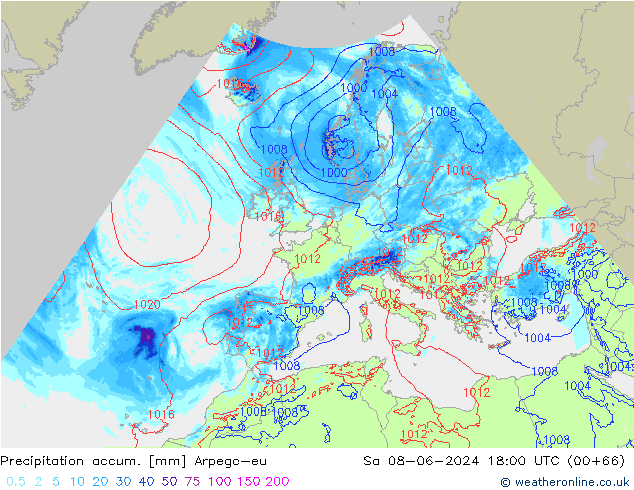 Précipitation accum. Arpege-eu sam 08.06.2024 18 UTC