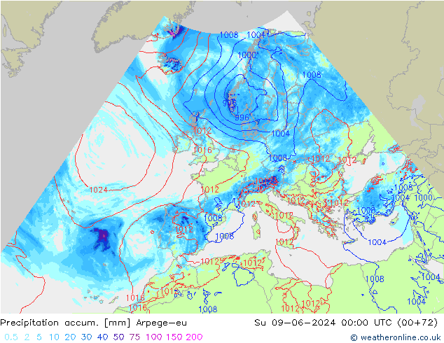 Precipitation accum. Arpege-eu Dom 09.06.2024 00 UTC