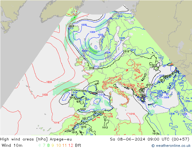 yüksek rüzgarlı alanlar Arpege-eu Cts 08.06.2024 09 UTC