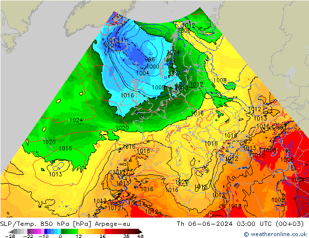 SLP/Temp. 850 hPa Arpege-eu Th 06.06.2024 03 UTC