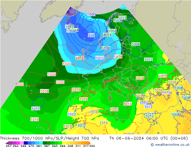 Thck 700-1000 hPa Arpege-eu gio 06.06.2024 06 UTC