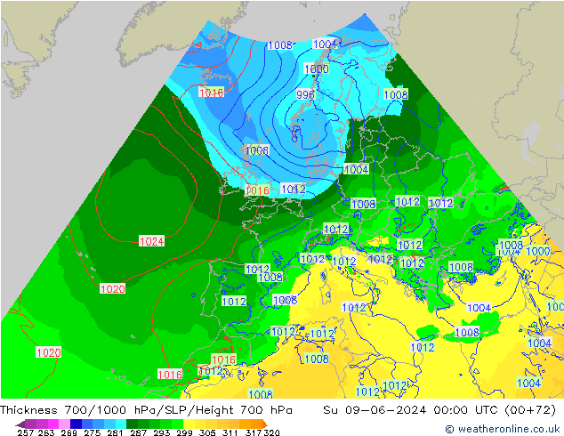 700-1000 hPa Kalınlığı Arpege-eu Paz 09.06.2024 00 UTC