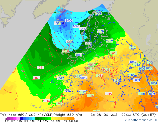 Thck 850-1000 hPa Arpege-eu Sa 08.06.2024 09 UTC