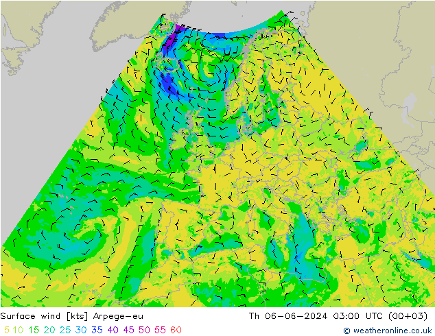 Surface wind Arpege-eu Th 06.06.2024 03 UTC