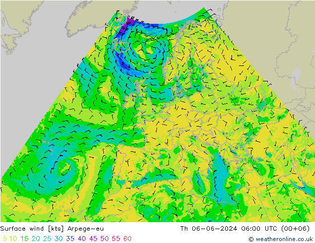 Surface wind Arpege-eu Čt 06.06.2024 06 UTC