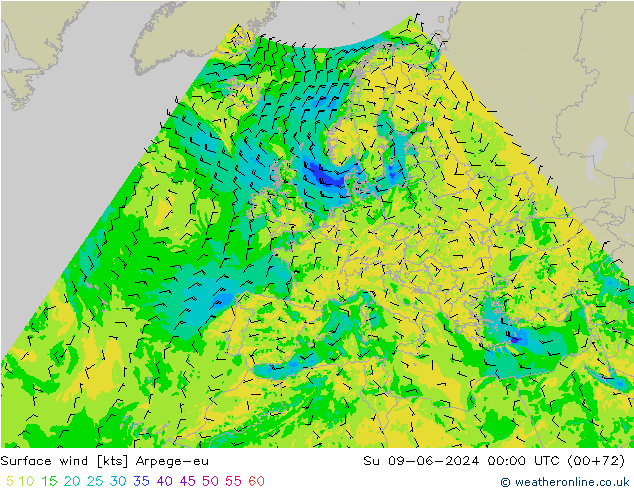 Vento 10 m Arpege-eu Dom 09.06.2024 00 UTC