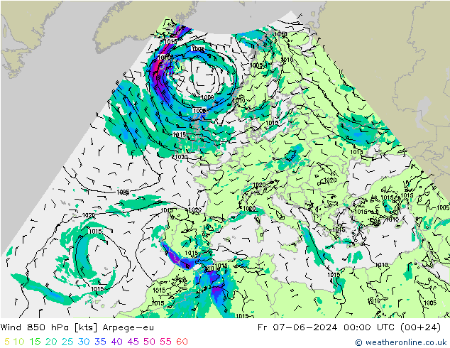 Wind 850 hPa Arpege-eu Fr 07.06.2024 00 UTC