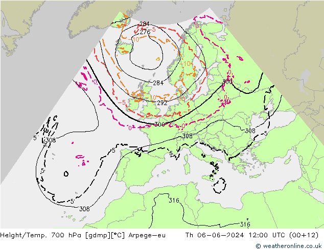 Height/Temp. 700 hPa Arpege-eu Th 06.06.2024 12 UTC