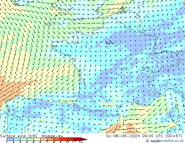  10 m (bft) Arpege-eu  08.06.2024 09 UTC