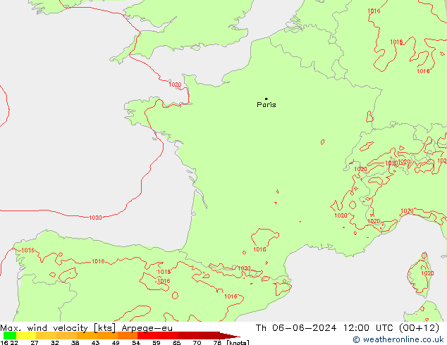 Max. wind velocity Arpege-eu чт 06.06.2024 12 UTC