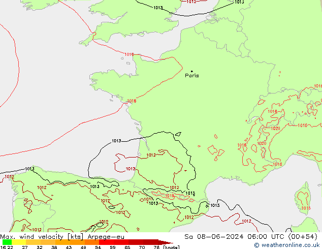 Max. wind velocity Arpege-eu Sáb 08.06.2024 06 UTC