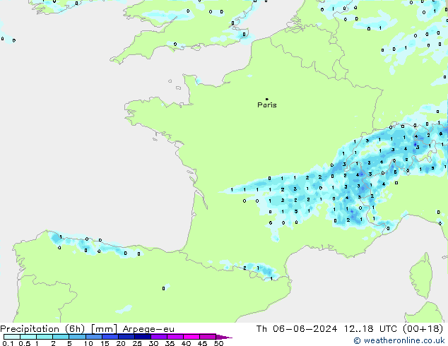Precipitation (6h) Arpege-eu Th 06.06.2024 18 UTC