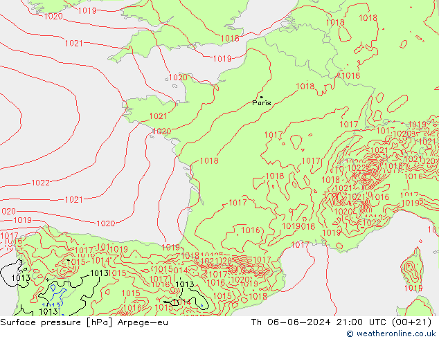 Presión superficial Arpege-eu jue 06.06.2024 21 UTC