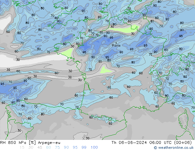 RH 850 hPa Arpege-eu Th 06.06.2024 06 UTC