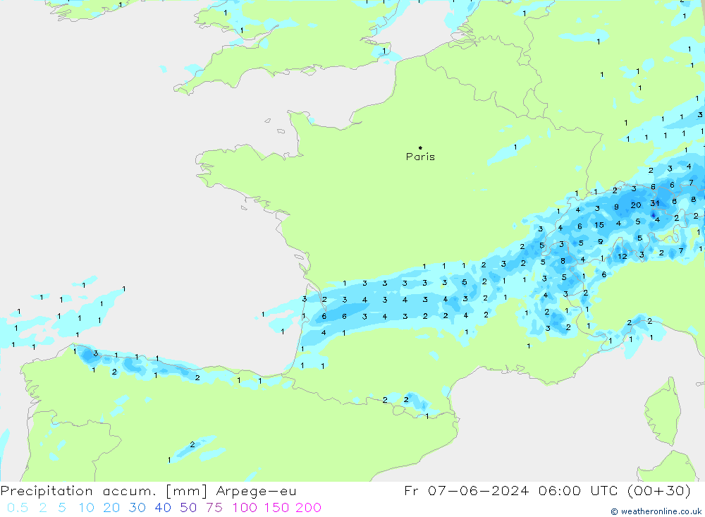 Precipitation accum. Arpege-eu Sex 07.06.2024 06 UTC