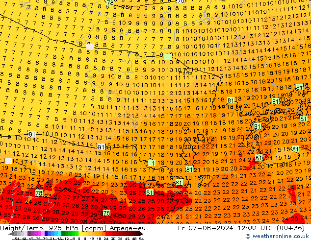 Height/Temp. 925 hPa Arpege-eu ven 07.06.2024 12 UTC