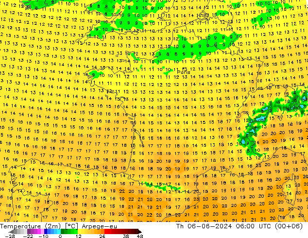 Temperaturkarte (2m) Arpege-eu Do 06.06.2024 06 UTC