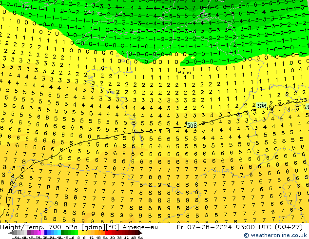 Géop./Temp. 700 hPa Arpege-eu ven 07.06.2024 03 UTC