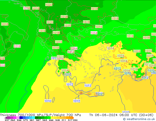 Thck 700-1000 hPa Arpege-eu Qui 06.06.2024 06 UTC