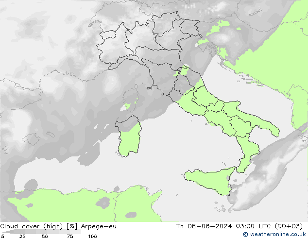 Cloud cover (high) Arpege-eu Th 06.06.2024 03 UTC