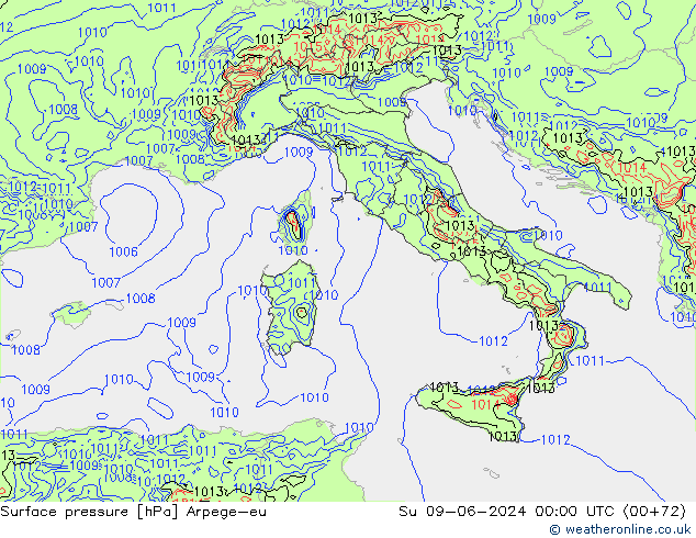 Pressione al suolo Arpege-eu dom 09.06.2024 00 UTC