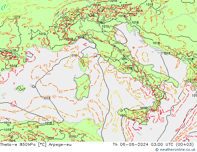 Theta-e 850hPa Arpege-eu Th 06.06.2024 03 UTC