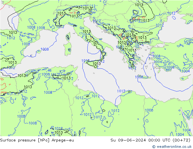 Pressione al suolo Arpege-eu dom 09.06.2024 00 UTC