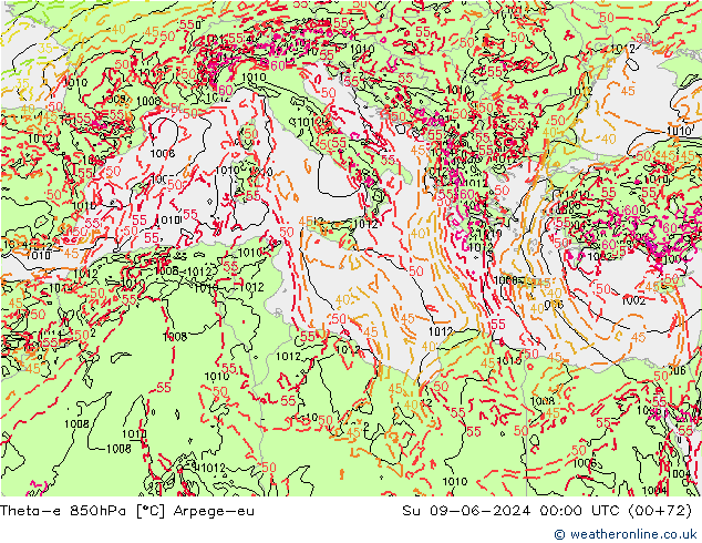 Theta-e 850hPa Arpege-eu Ne 09.06.2024 00 UTC