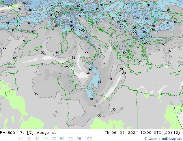 RH 850 hPa Arpege-eu Čt 06.06.2024 12 UTC