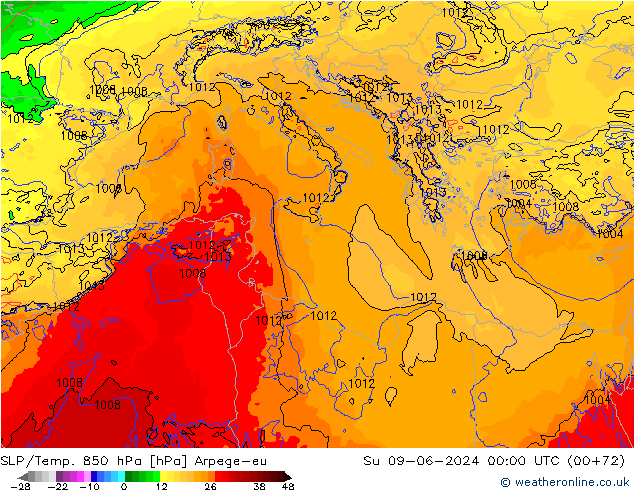 SLP/Temp. 850 hPa Arpege-eu  09.06.2024 00 UTC