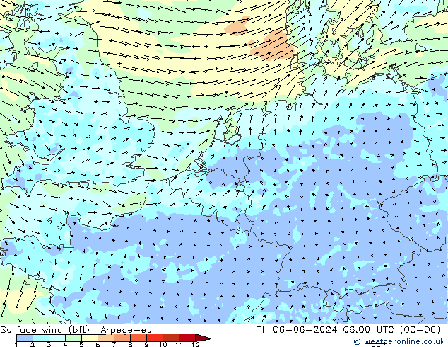 Surface wind (bft) Arpege-eu Th 06.06.2024 06 UTC