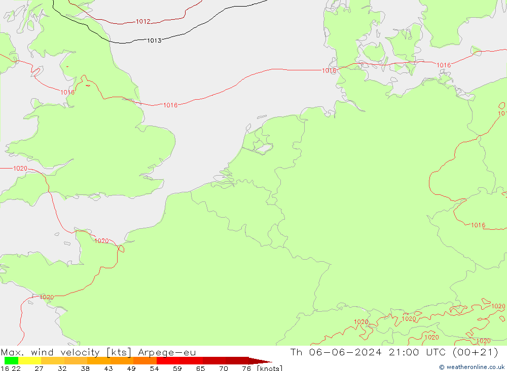 Max. wind velocity Arpege-eu Čt 06.06.2024 21 UTC