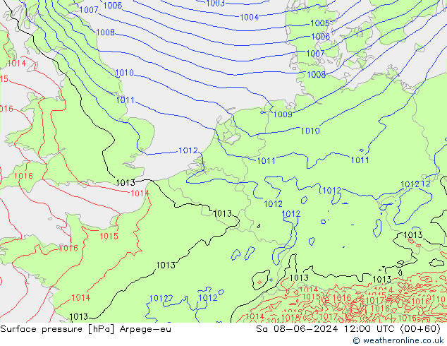 Pressione al suolo Arpege-eu sab 08.06.2024 12 UTC