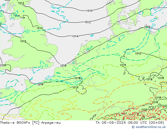 Theta-e 850hPa Arpege-eu Do 06.06.2024 06 UTC