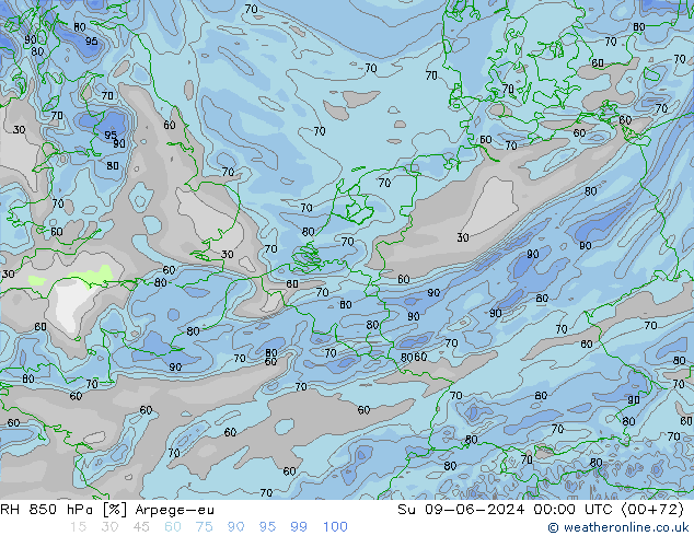 RH 850 hPa Arpege-eu dom 09.06.2024 00 UTC