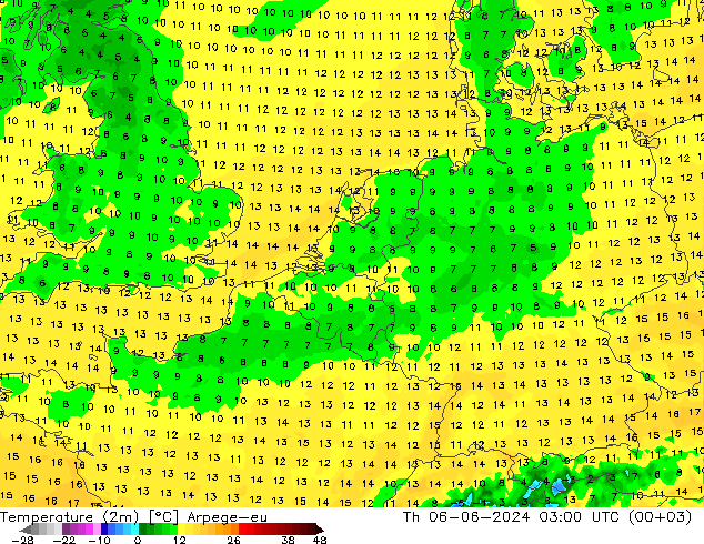 Temperatuurkaart (2m) Arpege-eu do 06.06.2024 03 UTC