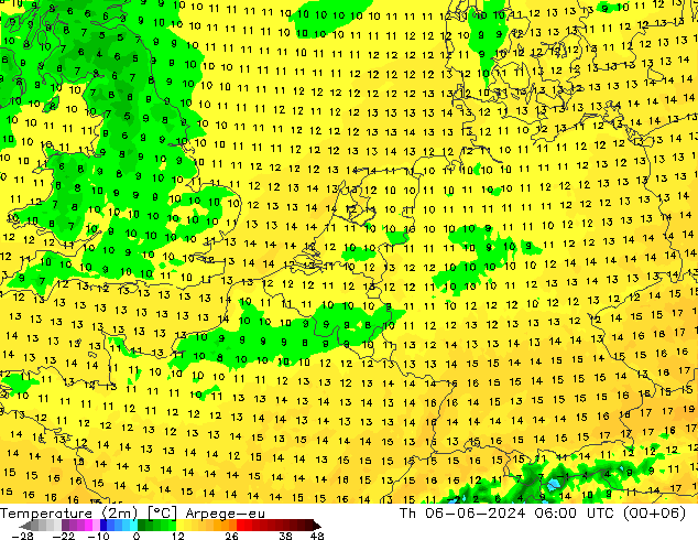 Temperaturkarte (2m) Arpege-eu Do 06.06.2024 06 UTC