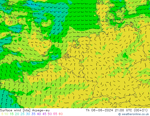 Surface wind Arpege-eu Th 06.06.2024 21 UTC