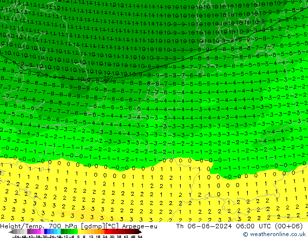 Height/Temp. 700 hPa Arpege-eu Čt 06.06.2024 06 UTC