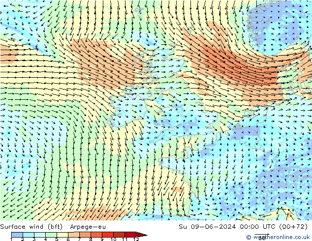 Surface wind (bft) Arpege-eu Su 09.06.2024 00 UTC