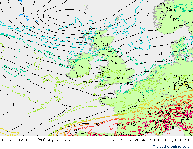 Theta-e 850hPa Arpege-eu Cu 07.06.2024 12 UTC