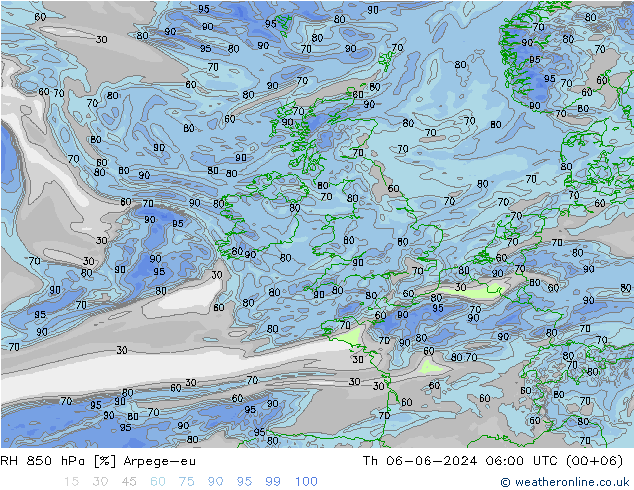 RH 850 hPa Arpege-eu Th 06.06.2024 06 UTC