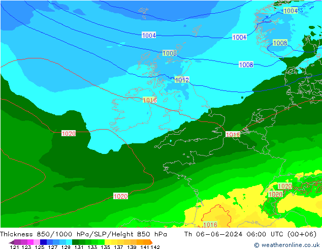 Thck 850-1000 hPa Arpege-eu czw. 06.06.2024 06 UTC