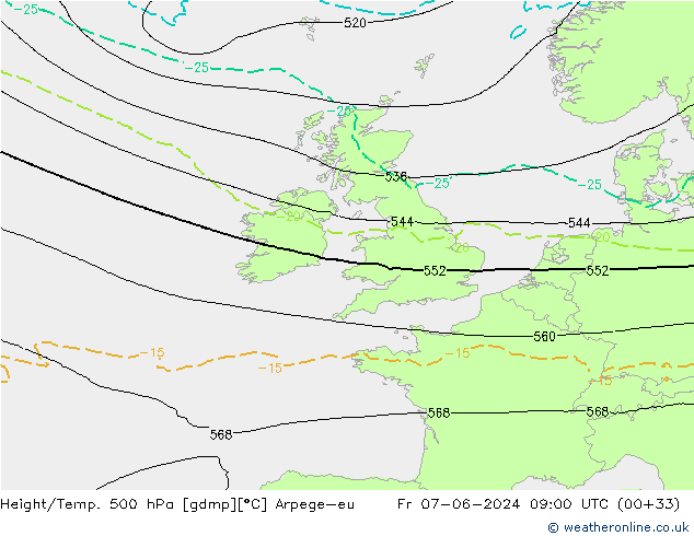 Hoogte/Temp. 500 hPa Arpege-eu vr 07.06.2024 09 UTC